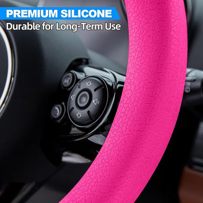 Spurtar Hot Pink Car Steering Wheel Cover Women, Hot Pink Car Accessories Cute Soft Silicone Leather Texture Steering Wheel Protector, Fit Diamenter 15" - 16.5"