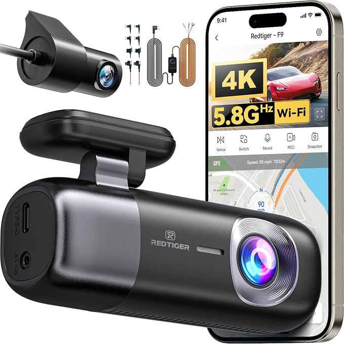 REDTIGER F9 & Acc Hardwire Kit, Dash Cam 4K Front and Rear 1080P, 5.8GHz WiFi GPS Car Camera with APP Control, Dual Dash Camera for Cars, Loop Recording(SD Card Not Included)