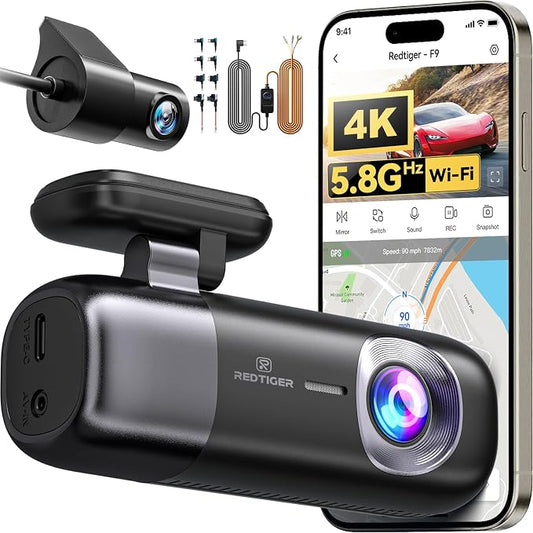 REDTIGER F9 & Acc Hardwire Kit, Dash Cam 4K Front and Rear 1080P, 5.8GHz WiFi GPS Car Camera with APP Control, Dual Dash Camera for Cars, Loop Recording(SD Card Not Included)