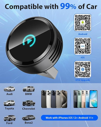 Ultra Mini Circular Wireless CarPlay & Android Auto Adapter, 3-5s Fast Auto Reconnect, Aluminum Alloy Vent Design, 2-in-1 CarPlay Wireless Adapter for iOS & Android with USB A/C Port