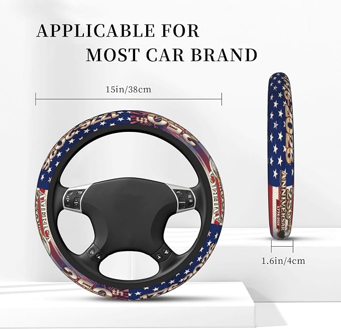 Anniversary American Flag Steering Wheel Cover + 2 Pc USA Flag Car Coasters | Anniversary American Car Men Breathable Universal for 14-15 Inch Anti-Slip