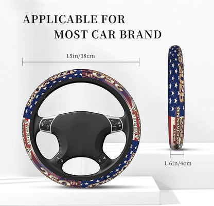 Anniversary American Flag Steering Wheel Cover + 2 Pc USA Flag Car Coasters | Anniversary American Car Men Breathable Universal for 14-15 Inch Anti-Slip