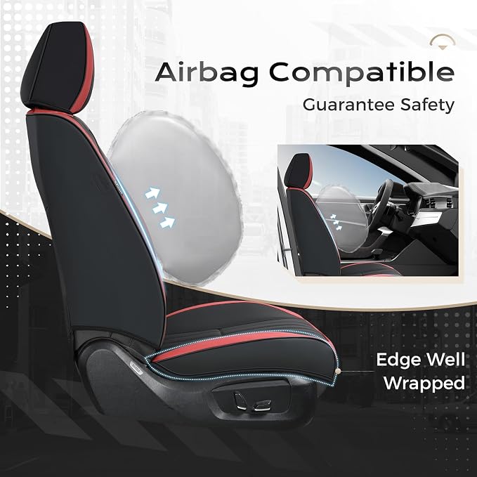 Coverado Car Seat Covers Full Set, Seat Covers for Cars, Car Seat Cover, Car Seat Protector, Leather Car Seat Cushion, Waterproof Car Seat Covers Front Seats and Back Fit for Most Cars(Red&Black)