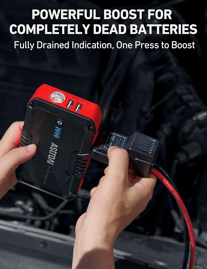 AstroAI S8 Car Battery Jump Starter, Car Jumper Starter Battery Pack for Up to 6.0L Gas & 3.0L Diesel Engines, 12V Portable Jump Box with 3 Modes Flashlight and Jumper Cable (Red)