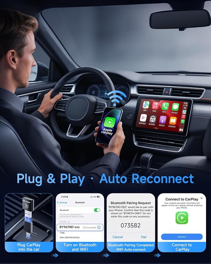 Ultra-Compact Wireless CarPlay Adapter – 65% Smaller Metal Housing, 2-in-1 for iPhone & Android, WiFi 6 & BT 5.4, Zero Latency, Plug & Play, Fits 800+ Cars (2015+) (Black)