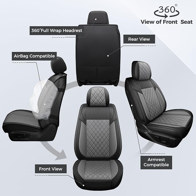 FREESOO Car Seat Covers Full Set for Dodge Ram 2002-2018 1500 & 2011-2026 2500 3500 Crew Quad Cab, 2019-2024 Ram 1500 Classic Leather Seat Cover, with Curved Bench, Black Grey