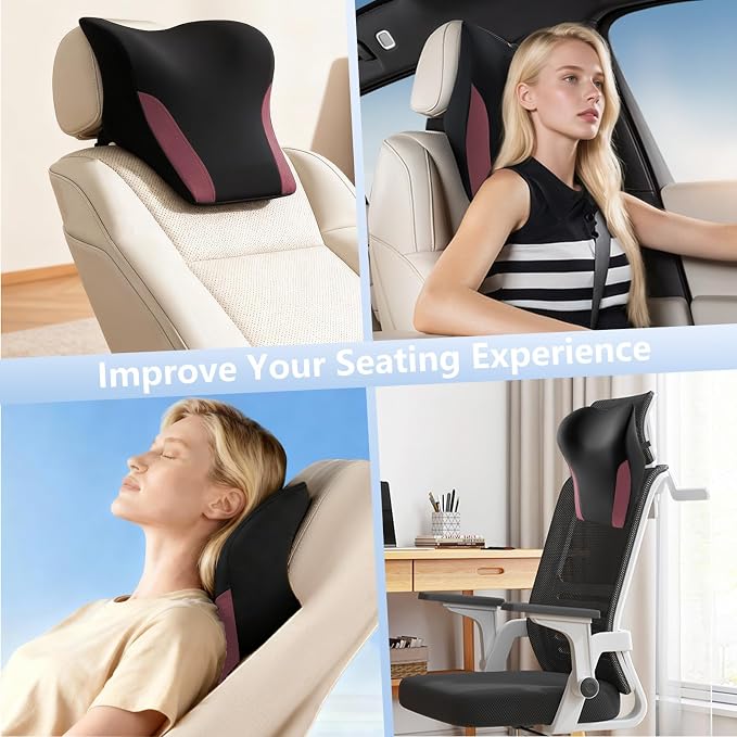 BABUR Car Neck Pillow for Driving Seat, Memory Foam Car Headrest Pillow, Ergonomic Neck Support, Breathable Removable Cover, Adjustable Strap, Pain Relief for Long Drives, Universal Fit | Red