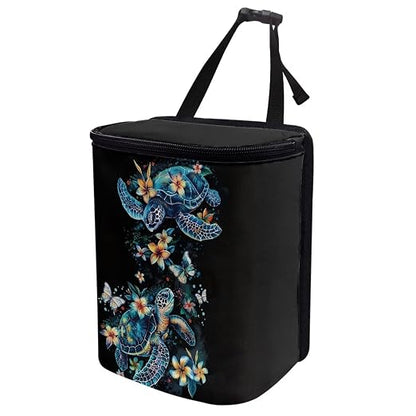 Talayituse Turtle Plumeria Print Car Trash Bin, Large Size Auto Trash Can Adjustable Portable Garbage Can with Lid, Vehicle Hanging Bag for Headrest Front Back Seat