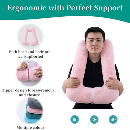 FHSGGP Travel Pillow Upgraded Version of Aircraft Travel Neck Pillow with Storage Bag, Sleep Pillows for Travel by Train, Car, or Plane, Supporting the Head and Body, Travel Pillow for Kids Pink