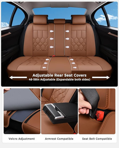 Huidasource Seat Covers Full Set, Universal Fit for Most Cars SUVs Trucks, Full Coverage Leather Automotive Seat Cover, Airbag, Cupholder Compatible, Seat Function Retain, Velcro Adjustable, Brown