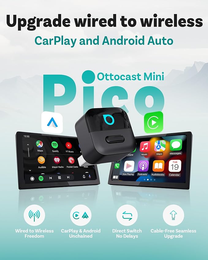 OTTOCAST Mini Pico Wireless CarPlay & Android Auto Adapter – WiFi 6 + Bluetooth 5.4, Plug & Play, Fast Auto-Reconnect, Ultra-Compact Design, Works with Factory Wired CarPlay Cars