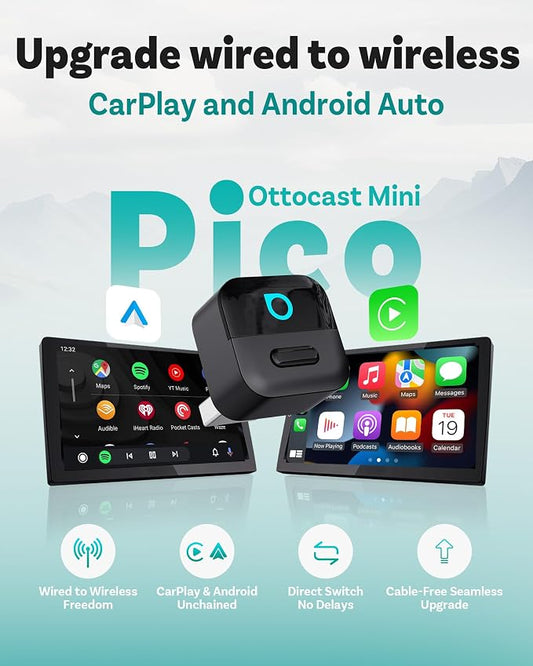 OTTOCAST Mini Pico Wireless CarPlay & Android Auto Adapter – WiFi 6 + Bluetooth 5.4, Plug & Play, Fast Auto-Reconnect, Ultra-Compact Design, Works with Factory Wired CarPlay Cars