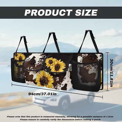 Yellow Sunflower Auto Hanging Seat Back Storage Brown Cow Spots Hanging Cargo Storage Bag for SUVs & Sedans