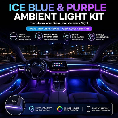 Acrylic Interior Car Ambient Lighting Kits, LED Strip Lights with Wireless APP, Neon Fiber Optic Lights Function LED Strip for Car with Music Modes (10 in 1)
