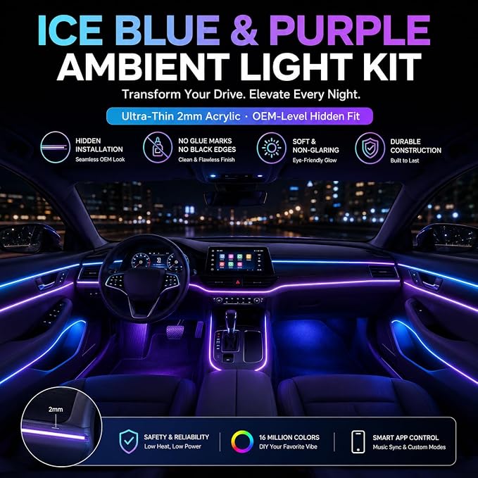 Acrylic Interior Car Ambient Lighting Kits, LED Strip Lights with Wireless APP, Neon Fiber Optic Lights Function LED Strip for Car with Music Modes (6 in 1)