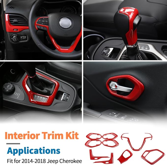 JeCar 9pcs Set Red Interior Trim Kit for 2014-2018 Jeep Cherokee Interior Accessories