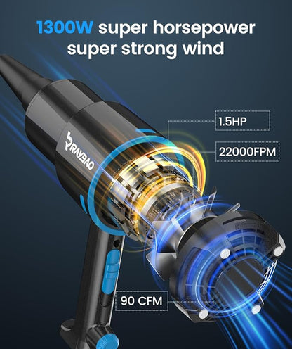 Air Cannon Car Dryer Blower -1300W Filtered Car Blower for Drying, 22000FPM / 90CFM Air Dryers, Blowers & Blades for Car Detailing, Washing, Cord 5M/16.4Ft Blower for Boat RV Motorcycle