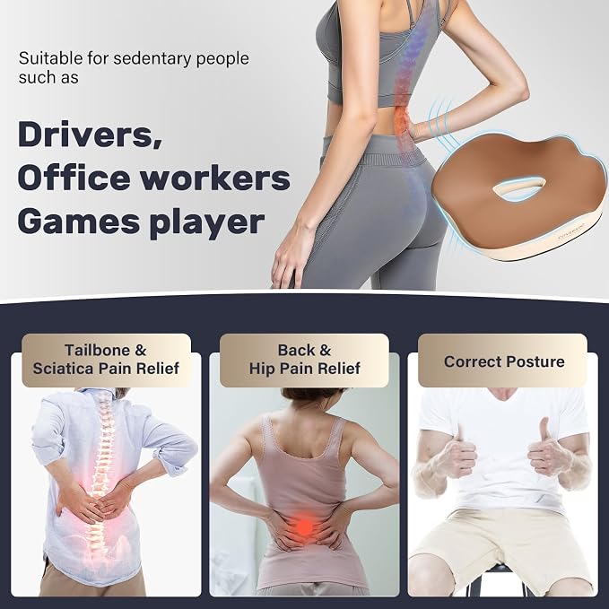 Coverado Seat Cushion Pillow for Car Office Chair, Ergonomic Memory Foam Desk Chair Cushion Back Support Pillow, Sciatica & Back & Tailbone Pain Relief Cushion