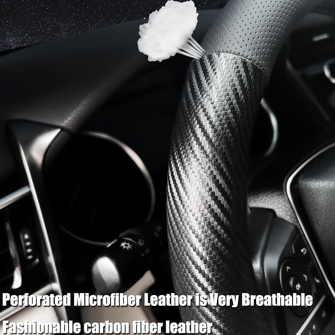 Steering Wheel Cover Standard Size 14.5-15 inch, Non-Slip Car Wheel Cover Protector, Non-Folding Packaging, Microfiber Leather, Black with Carbon Fiber