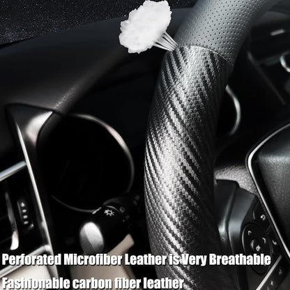 Steering Wheel Cover Standard Size 14.5-15 inch, Non-Slip Car Wheel Cover Protector, Non-Folding Packaging, Microfiber Leather, Black with Carbon Fiber