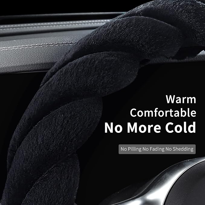 HighnessHwoo Luxury Fluffy Winter Car Steering Wheel Cover for Women Soft Warm Plush Cute Auto Accessories for Vehicle, Sedan, Universal, Fuzzy, Anti Slip, Black, Standard Size, 14.75-15.15"