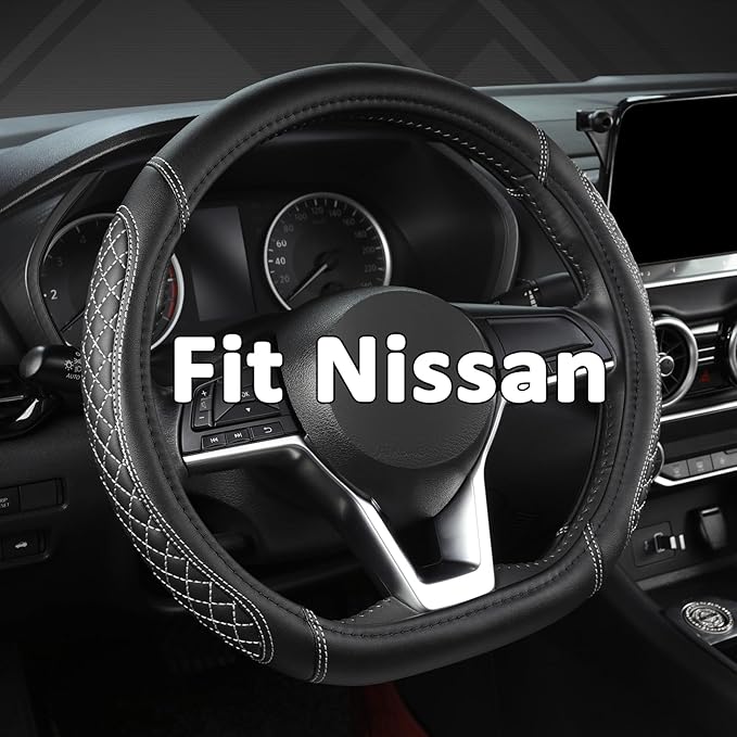 West Llama Flat Bottom Car Steering Wheel Cover for Nissan,D Shaped Steering Wheel Cover for Rogue,Altima,Kicks (Diamond Quilted-Black+Gray-Standard Size)