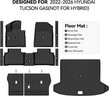 Floor Mats for Hyundai Tucson Gas(Not for Hybrid) 2022-2025 2026, Trunk Mat and Backrest Mat & Door Sill Guard All Weather TPE Protector for Hyundai Tucson Accessories