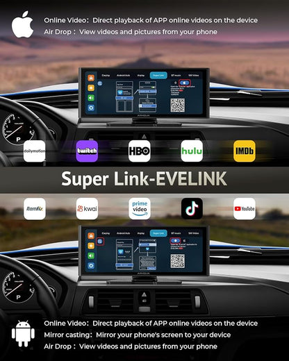 Carplay Screen for Car, 10.26" Wireless Car Play for Apple Carplay & Android Auto,4K Dash Cam,1080p Backup Camera DVR,Car Audio Receivers GPS Navigation Mirror Link, Bluetooth,FM, Siri