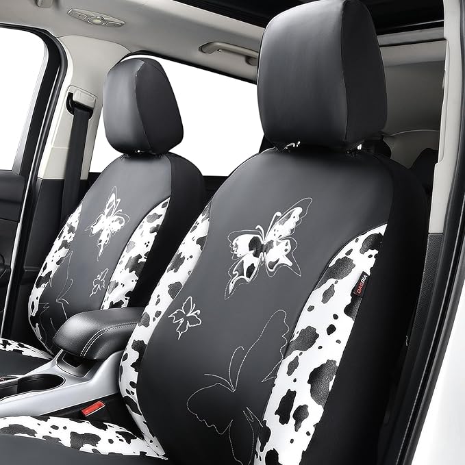 Flying Banner Butterfly car seat Covers ful Set Fashion Universal Lady Woman Female Rear Bench Split Colorized (Full Set - Faux Leather, Cow Print)