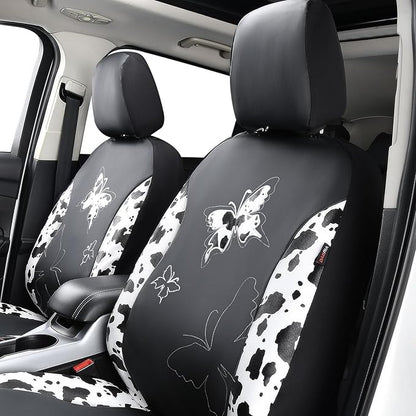 Flying Banner Butterfly car seat Covers ful Set Fashion Universal Lady Woman Female Rear Bench Split Colorized (Full Set - Faux Leather, Cow Print)