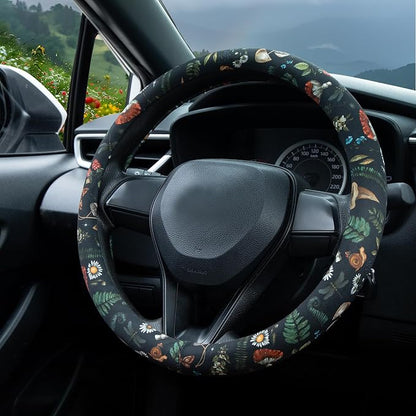 Woodland Fern Moth Dragonfly Mushroom Amanita Steering Wheel Cover Auto Steering Wheel Protector, Anti-Slip, Breathable, Absorbing Sweat, Universal Car Accessories 14.5–15 inch