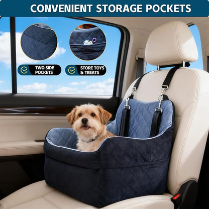 Dog Car Seat for Small Dogs, Elevated Pet Booster Seat with Safety Leash & Anti-Slip Base, Washable Dog Car Bed Travel Seat for Small Pets up to 30 lbs, Black & Gray