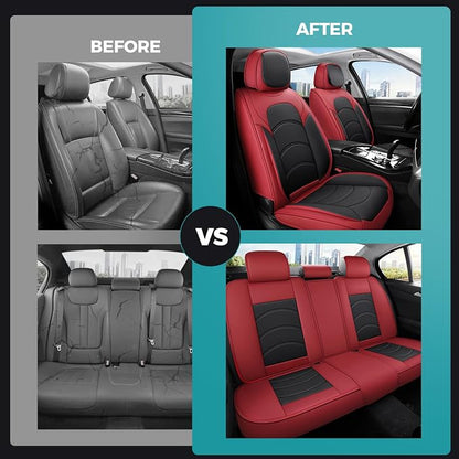 otoez Car Seat Covers Full Set, 5 Seats Waterproof Universal Leather Seat Cover for Cars, Front Rear Automotive Interior Protectors Full Coverage for Most Cars Sedens Trucks SUVs, Black+Red