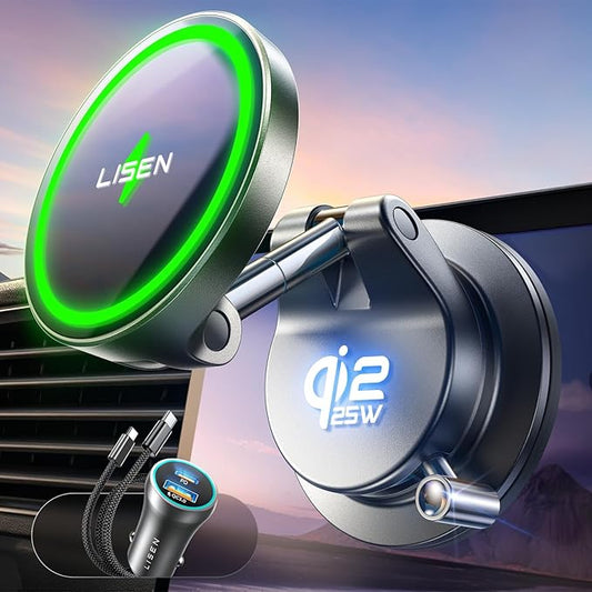 LISEN Qi2.2 25W MagSafe Car Mount Charger, Magnetic Wireless Car Charger with 54W Adapter, Magnetic Phone Holder for Car, iPhone Car Mount, Vacuum Suction Cup Phone Mount for iPhone 17 16 15 14 13 12 | [Qi2.2 25W Fast Charging] Magsafe Car Mount, [Easy...