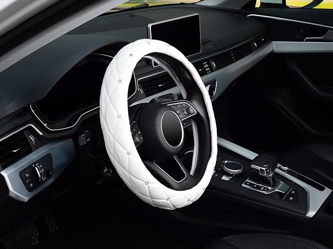 KAFEEK Diamond Soft Leather Steering Wheel Cover with Bling Bling Crystal Rhinestones, Universal 15 inch, Pure White
