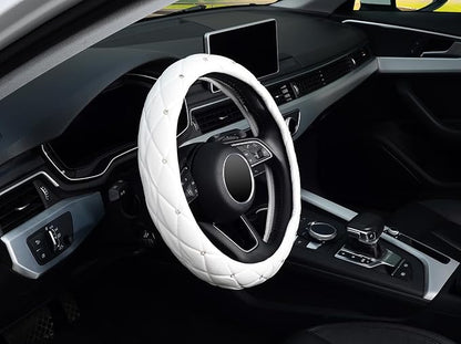 KAFEEK Diamond Soft Leather Steering Wheel Cover with Bling Bling Crystal Rhinestones, Universal 15 inch, Pure White
