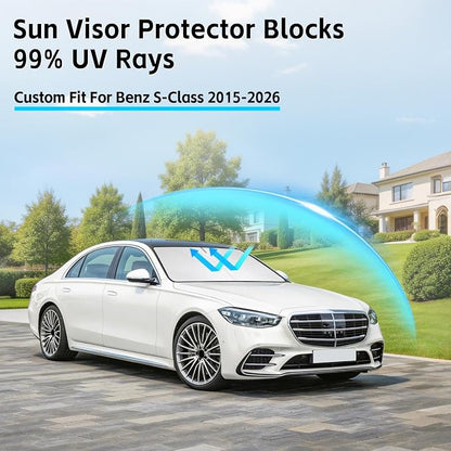 Windshield Sun Shade for Mercedes Benz S-Class s580 2015-2026 Sunshade 300T Windshield Cover Sun Shield Blocks UV Rays Custom Fit Front Window Shade Sun Visor Foldable Keep Cool