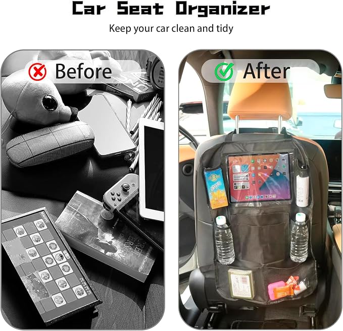 Back Seat Car Organizer, Car Organizers Bag with Touch Screen Tablet Holder 10 Storage Pockets for Kids Toddlers Car Seats, Travel Accessories,Road Trip Essentials Black