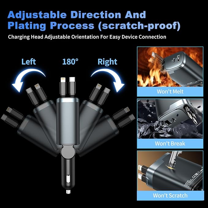 Retractable Car Charger, 4 in 1 Car Charger USB C Fast Charge, Cigarette Lighter USB Charger, Travel Essentials Car Accessories Gifts for Men Women for iPhone 17 16 15 14 13 12 Pro Max, Samsung