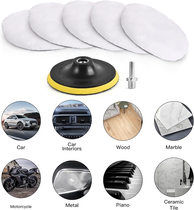 Kshineni 7 Pcs 3 Inch (80 mm) Wool Buffing Polishing Pad Car Polisher Buffer Drill Attachment with M10 Drill Adapter