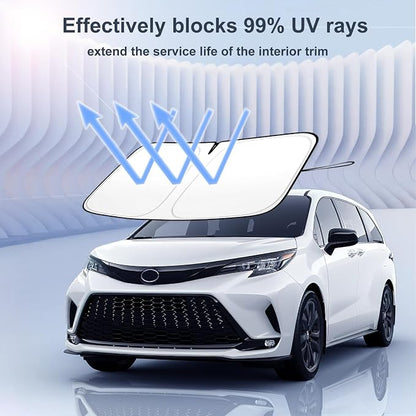 Windshield Sun Shade for 2021-2026 Toyota Sienna Foldable Front Window Sunshade Premium 310T Polyester Block UV Rays and Heat Insulation Protection Keep Vehicle Cool