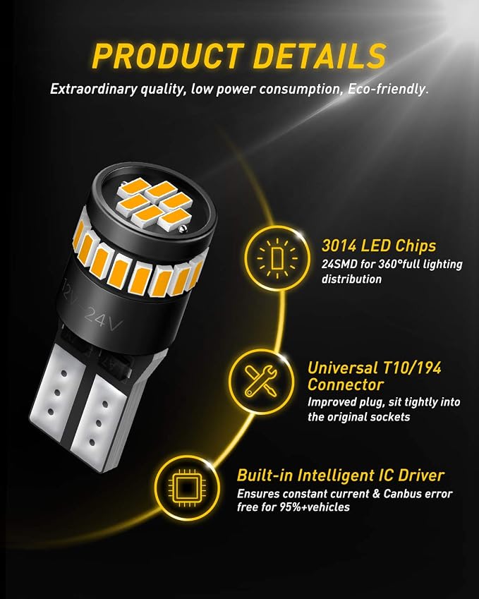 AUXITO 194 LED Light, Amber Yellow 168 2825 W5W T10 Wedge LED Replacement Light Kit Error Free for Car Dome Map Door Parking License Plate Marker Lights, Pack of 10