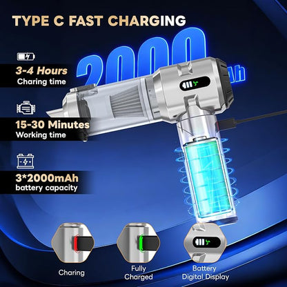 【Upgraded Version】Sycoodeal Car Vacuum Cleaner,Mini Portable Vacuum Cordless,25000PA Powerful Strong Cyclonic Suction USB Rechargeable Foldable Handheld Vacuum with One-touch Dust Removal for Car,Home