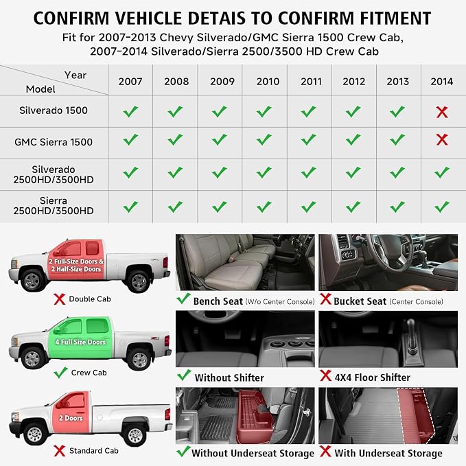 All Weather Car Floor Mats for 2007-2013 Chevy Silverado/GMC Sierra 1500 Crew Cab, 2007-2014 Silverado/Sierra 2500/3500 HD Crew Cab,TPE Rubber Floor Liners Automotive Mats for Silverado Accessories