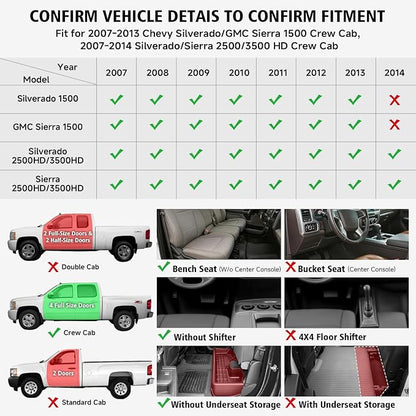 All Weather Car Floor Mats for 2007-2013 Chevy Silverado/GMC Sierra 1500 Crew Cab, 2007-2014 Silverado/Sierra 2500/3500 HD Crew Cab,TPE Rubber Floor Liners Automotive Mats for Silverado Accessories