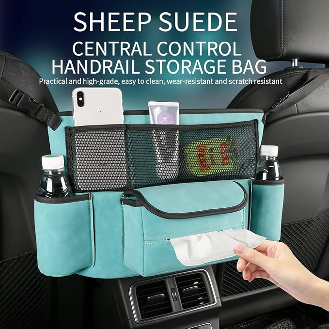 JEYODA Car Handbag Holder Between Seats Suede Large Capacity Car Purse Holder Automotive Consoles & Organizers for Document Phone Storage Car Accessories Interior (1925-style 2 blue)