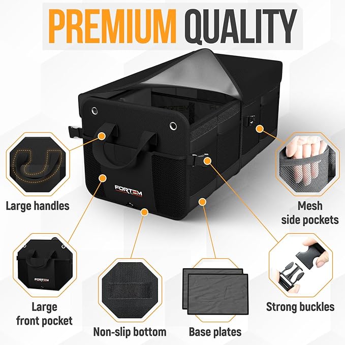 FORTEM Trunk Organizer For SUV Car Organizer and Storage, Collapsible Multi-Compartment Storage Bag Car Accessories for Women Men, 1680D Oxford, Non Slip Bottom, Adjustable Straps, Soft Cover (65L)