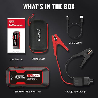 S ZEVZO ET03 Car Jump Starter 4000A Jump Starter Battery Pack for Up to 8.0L Gas and 7.0L Diesel Engines, 74Wh Portable 12V Jump Box with USB Ports, LCD Display, Storage Case, and LED Light
