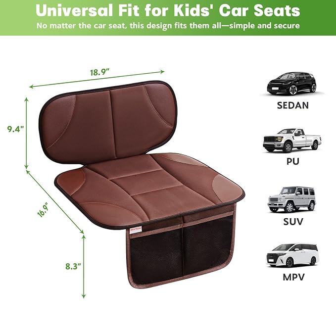 Siivton Car Seat Protector for Kids, Anti-Slip Design, Thick Padding, Prevents Seat Marks, 2 Storage Pockets for Toys & Snacks, Fits Most Cars, Black (Brown, 1 Pack)