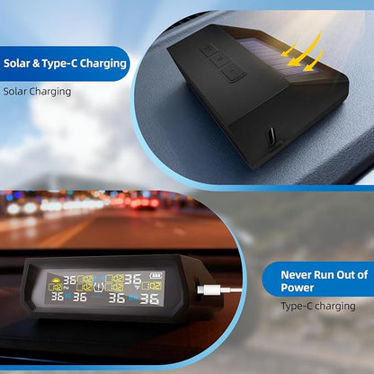 Tire Pressure Monitoring System TPMS, Solar Charge Tire Pressure Monitor with 4 External Sensors & 6 Alarm Modes, 0-99 PSI, Real-time Wireless TPMS for Car Sedan SUV Pickup - with 4 Tire Valve Caps